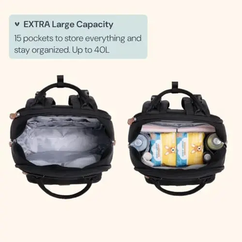 BabbleRoo Extra Large Diaper Bag Backpack, Expandable Baby Bag with Up to 50% More Capacity - Travel Essentials Baby Bag Tote with Changing Pad, Stroller Straps & Pacifier Case - Unisex, Black - 3