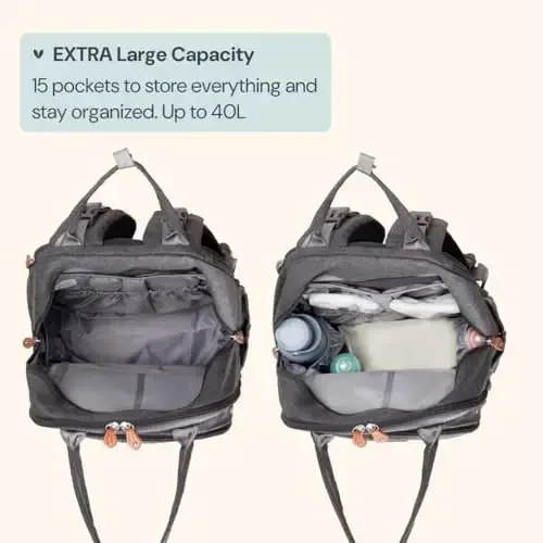 BabbleRoo Extra Large Diaper Bag Backpack, Expandable Baby Bag with Up to 50% More Capacity - Travel Essentials Baby Bag Tote with Changing Pad, Stroller Straps & Pacifier Case - Unisex, Dark Gray - 1
