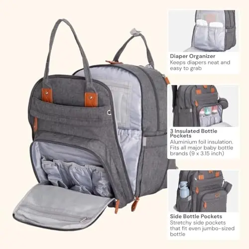 BabbleRoo Extra Large Diaper Bag Backpack, Expandable Baby Bag with Up to 50% More Capacity - Travel Essentials Baby Bag Tote with Changing Pad, Stroller Straps & Pacifier Case - Unisex, Dark Gray - 4