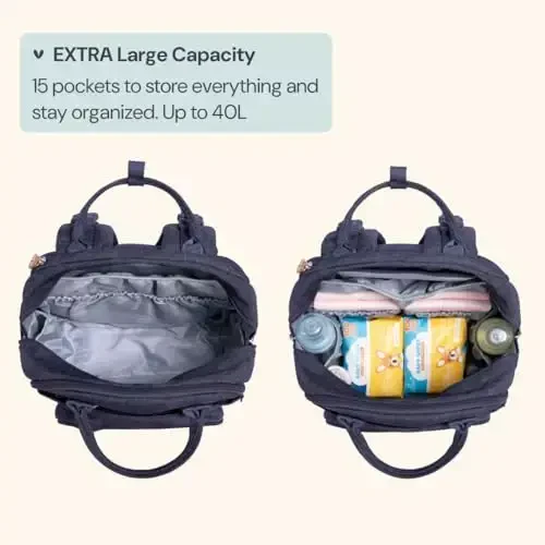 BabbleRoo Extra Large Diaper Bag Backpack, Expandable Baby Bag with Up to 50% More Capacity - Travel Essentials Baby Bag Tote with Changing Pad, Stroller Straps & Pacifier Case - Unisex, Denim Blue - MODAZONE (1)