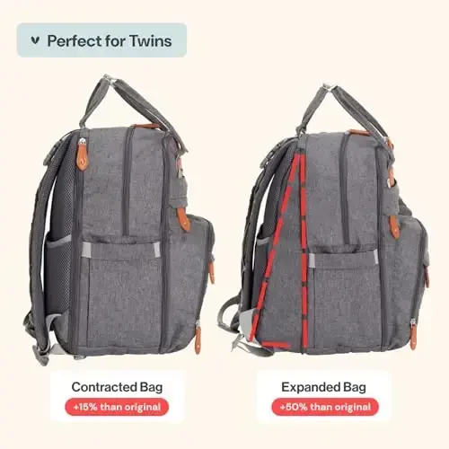 BabbleRoo Extra Large Diaper Bag Backpack, 50% gacha ko'proq sig'imga ega bo'lgan kengaytiriladigan bolalar sumkasi - O'zgartirish pedi, aravacha tasmasi va emzik qutisi bilan sayohat uchun zarur bolalar sumkasi - Unisex, to'q kulrang - 3