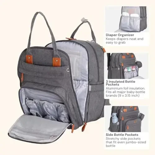 BabbleRoo Extra Large Diaper Bag Backpack, 50% gacha ko'proq sig'imga ega bo'lgan kengaytiriladigan bolalar sumkasi - O'zgartirish pedi, aravacha tasmasi va emzik qutisi bilan sayohat uchun zarur bolalar sumkasi - Unisex, to'q kulrang - 4