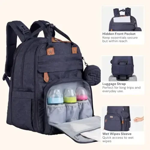 BabbleRoo Extra Large Diaper Bag Backpack, 50% gacha ko'proq sig'imga ega kengaytiriladigan bolalar sumkasi - O'zgartirish pedi, aravacha tasmaları va emzik qutisi bilan sayohat uchun zarur bo'lgan bolalar sumkasi - Uniseks, Denim Blue 