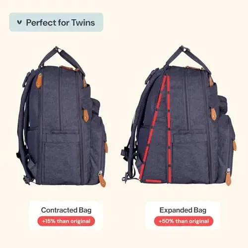 BabbleRoo Extra Large Diaper Bag Backpack, 50% gacha ko'proq sig'imga ega kengaytiriladigan bolalar sumkasi - O'zgartirish pedi, aravacha tasmaları va emzik qutisi bilan sayohat uchun zarur bo'lgan bolalar sumkasi - Uniseks, Denim Blue - 3