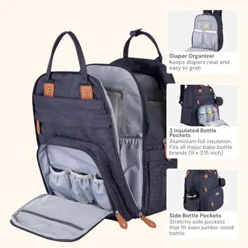 BabbleRoo Extra Large Diaper Bag Backpack, 50% gacha ko'proq sig'imga ega kengaytiriladigan bolalar sumkasi - O'zgartirish pedi, aravacha tasmaları va emzik qutisi bilan sayohat uchun zarur bo'lgan bolalar sumkasi - Uniseks, Denim Blue - 4