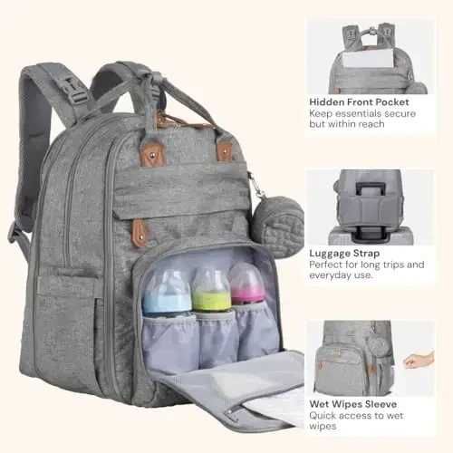 BabbleRoo Extra Large Diaper Bag Backpack, 50% gacha ko'proq sig'imga ega kengaytiriladigan bolalar sumkasi - O'zgartirish pedi, aravachalar uchun tasmalar va emzik qutisi bilan sayohat uchun zarur bolalar sumkasi - Uniseks, och kulrang 