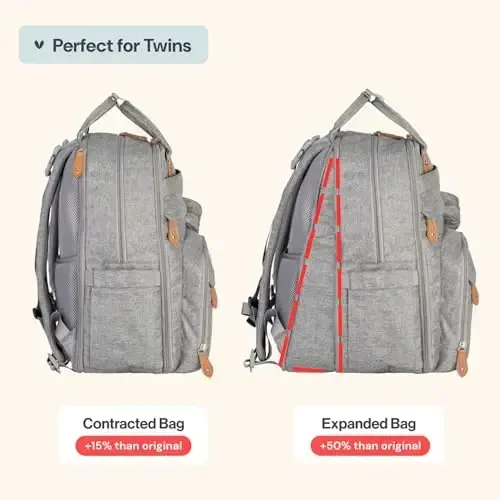 BabbleRoo Extra Large Diaper Bag Backpack, 50% gacha ko'proq sig'imga ega kengaytiriladigan bolalar sumkasi - O'zgartirish pedi, aravachalar uchun tasmalar va emzik qutisi bilan sayohat uchun zarur bolalar sumkasi - Uniseks, och kulrang - MODAZONE (1)