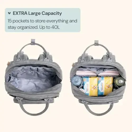 BabbleRoo Extra Large Diaper Bag Backpack, 50% gacha ko'proq sig'imga ega kengaytiriladigan bolalar sumkasi - O'zgartirish pedi, aravachalar uchun tasmalar va emzik qutisi bilan sayohat uchun zarur bolalar sumkasi - Uniseks, och kulrang - 3