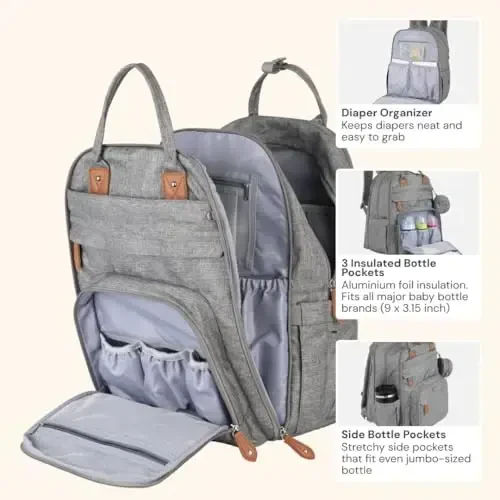 BabbleRoo Extra Large Diaper Bag Backpack, 50% gacha ko'proq sig'imga ega kengaytiriladigan bolalar sumkasi - O'zgartirish pedi, aravachalar uchun tasmalar va emzik qutisi bilan sayohat uchun zarur bolalar sumkasi - Uniseks, och kulrang - 4