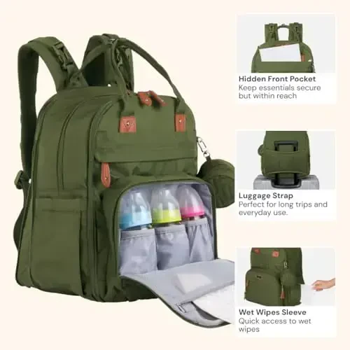 BabbleRoo Extra Large Diaper Bag Backpack, 50% gacha ko'proq sig'imga ega kengaytiriladigan chaqaloq sumkasi - O'zgartirish uchun joy, aravacha tasmaları va emzik qutisi bilan sayohat uchun zarur chaqaloq sumkasi - Unisex, Forest Green - 1