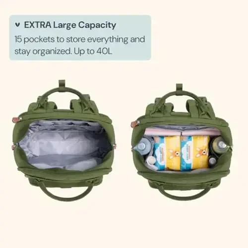 BabbleRoo Extra Large Diaper Bag Backpack, 50% gacha ko'proq sig'imga ega kengaytiriladigan chaqaloq sumkasi - O'zgartirish uchun joy, aravacha tasmaları va emzik qutisi bilan sayohat uchun zarur chaqaloq sumkasi - Unisex, Forest Green - 3