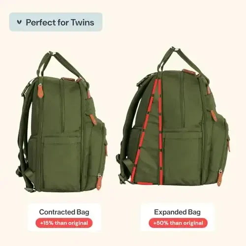 BabbleRoo Extra Large Diaper Bag Backpack, 50% gacha ko'proq sig'imga ega kengaytiriladigan chaqaloq sumkasi - O'zgartirish uchun joy, aravacha tasmaları va emzik qutisi bilan sayohat uchun zarur chaqaloq sumkasi - Unisex, Forest Green - 4