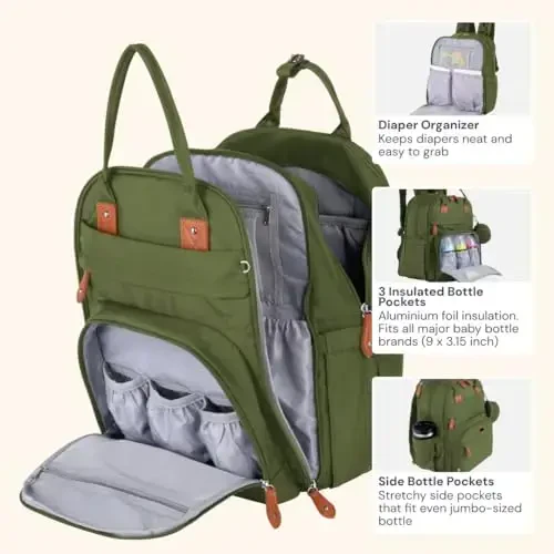 BabbleRoo Extra Large Diaper Bag Backpack, 50% gacha ko'proq sig'imga ega kengaytiriladigan chaqaloq sumkasi - O'zgartirish uchun joy, aravacha tasmaları va emzik qutisi bilan sayohat uchun zarur chaqaloq sumkasi - Unisex, Forest Green - 5