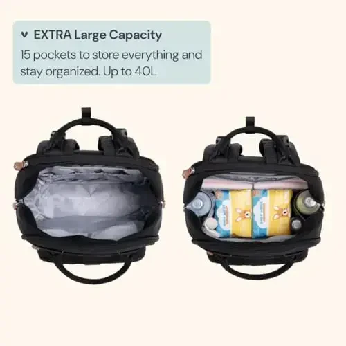 BabbleRoo Extra Large Diaper Bag Backpack, Expandable Baby Bag with Up to 50% More Capacity - Travel Essentials Baby Bag Tote with Changing Pad, Stroller Straps & Pacifier Case - Unisex, Black - 3