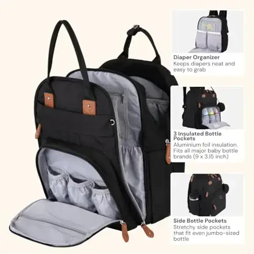 BabbleRoo Extra Large Diaper Bag Backpack, Expandable Baby Bag with Up to 50% More Capacity - Travel Essentials Baby Bag Tote with Changing Pad, Stroller Straps & Pacifier Case - Unisex, Black - 4