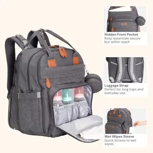 BabbleRoo Extra Large Diaper Bag Backpack, Expandable Baby Bag with Up to 50% More Capacity - Travel Essentials Baby Bag Tote with Changing Pad, Stroller Straps & Pacifier Case - Unisex, Dark Gray - 2