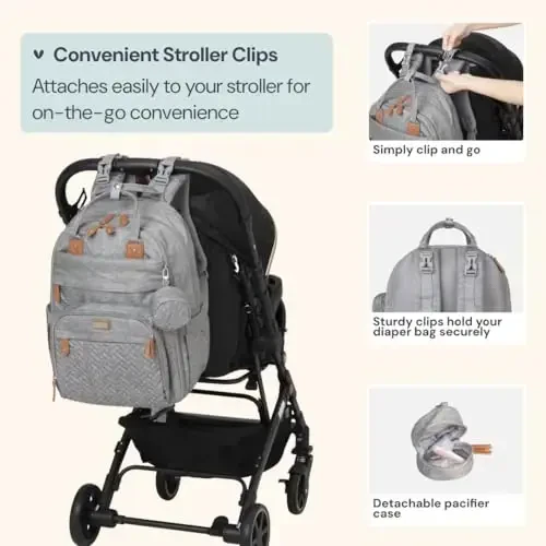 BabbleRoo Extra Large Diaper Bag Backpack, Expandable Baby Bag with Up to 50% More Capacity - Travel Essentials Baby Bag Tote with Changing Pad, Stroller Straps & Pacifier Case - Unisex, Light Gray - 5