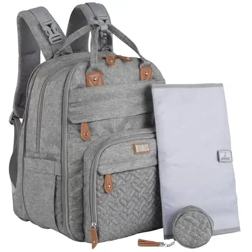 BabbleRoo Extra Large Diaper Bag Backpack, Expandable Baby Bag with Up to 50% More Capacity - Travel Essentials Baby Bag Tote with Changing Pad, Stroller Straps & Pacifier Case - Unisex, Light Gray - 6