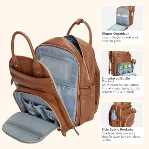 BabbleRoo Leather Diaper Bag Backpack - Baby Essentials Travel Baby Bag, Multi function, Waterproof, with Changing Pad, Stroller Straps & Pacifier Case – Unisex, Natural Brown - 4