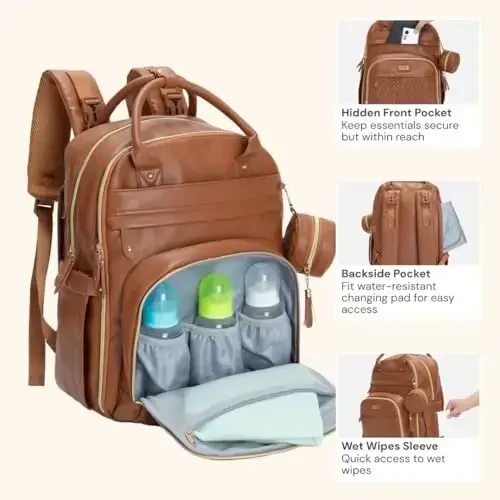 BabbleRoo Leather Diaper Bag Backpack - Baby Essentials Travel Baby Bag, Multi function, Waterproof, with Changing Pad, Stroller Straps & Pacifier Case – Unisex, Natural Brown - 5