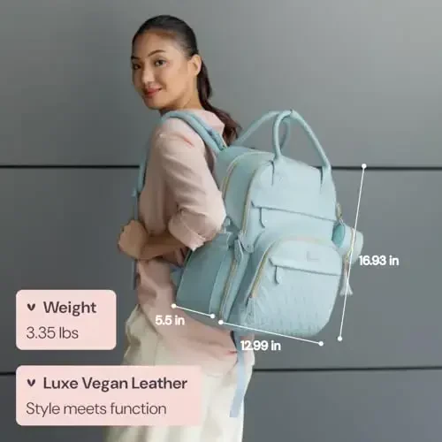 BabbleRoo Leather Diaper Bag Backpack - Baby Essentials Travel Baby Bag, Multi function, Waterproof, with Changing Pad, Stroller Straps & Pacifier Case – Unisex, Powder Blue - 2