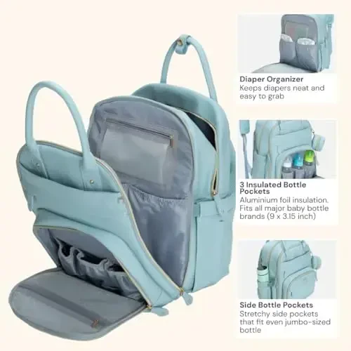 BabbleRoo Leather Diaper Bag Backpack - Baby Essentials Travel Baby Bag, Multi function, Waterproof, with Changing Pad, Stroller Straps & Pacifier Case – Unisex, Powder Blue - 3