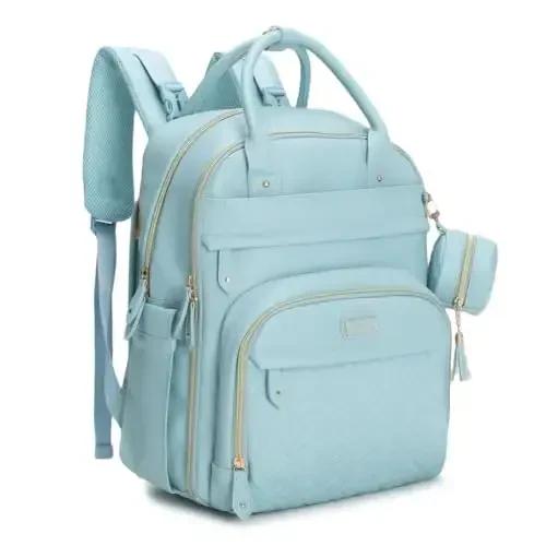 BabbleRoo Leather Diaper Bag Backpack - Baby Essentials Travel Baby Bag, Multi function, Waterproof, with Changing Pad, Stroller Straps & Pacifier Case – Unisex, Powder Blue - 6