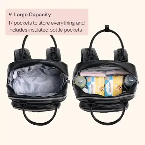 BabbleRoo Leather Diaper Bag рюкзак - Baby Essentials Travel Baby Bag, Многофункциональная сумка, с пеленальным ковриком, ремнями для коляски и футляром для пустышки – Унисекс, черный - 2
