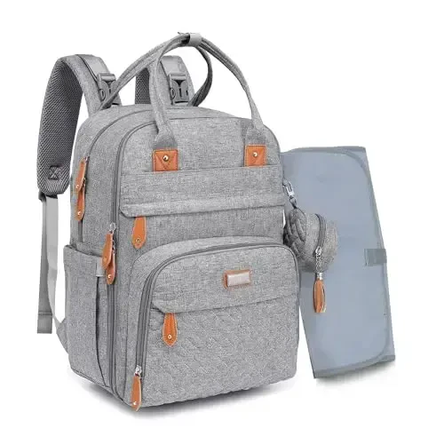 BabbleRoo Diaper Bag Backpack - Baby Essentials Travel Tote - Multi Function Water Resistant Diaper Bag, Travel Essentials Baby Bag with Changing Pad, Stroller Straps & Pacifier Case - Light Gray - 2