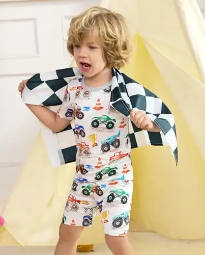 babee Reshinee Bamboo Viscose Toddler Car Pajamas Boys Girls Kids Short Cool Summer 12M-8Y Snug fit Pjs Set 2pcs - 3