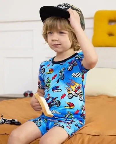 babee Reshinee Bamboo Viscose Toddler Boys Pajamas Set, Short Sleeve Kids | Boys & Girls 2-Piece Snug Fit PJs, 12M-8Y, Cool Summer Sleepwear, Breathable, Stretchy, Tagless, Buttery Soft, Cozy Jammies - 2