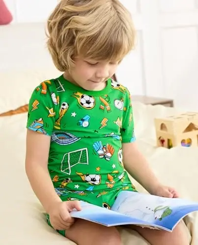babee Reshinee Bamboo Viscose Toddler Boys Pajamas Set, Short Sleeve Kids | Boys & Girls 2-Piece Snug Fit PJs, 12M-8Y, Cool Summer Sleepwear, Breathable, Stretchy, Tagless, Buttery Soft, Cozy Jammies - 2