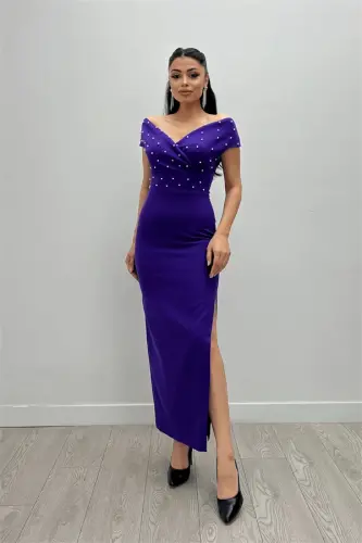 Babel Fabric Boat Neck Pearl Detailed Pencil Dress - EGGPLANT PURPLE - 1