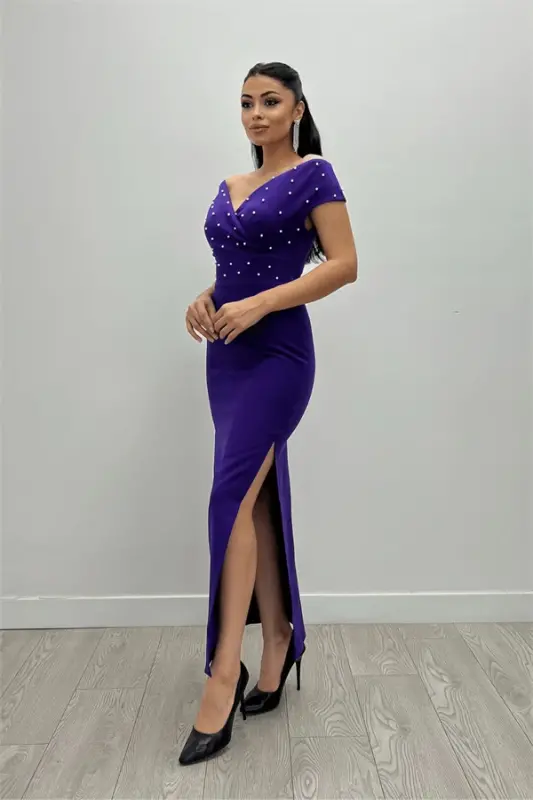 Babel Fabric Boat Neck Pearl Detailed Pencil Dress - EGGPLANT PURPLE - 9