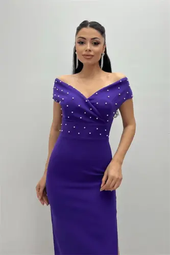 Babel Fabric Boat Neck Pearl Detailed Pencil Dress - EGGPLANT PURPLE - 8