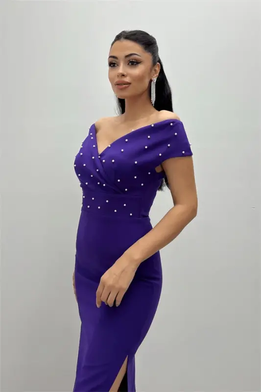 Babel Fabric Boat Neck Pearl Detailed Pencil Dress - EGGPLANT PURPLE - 7