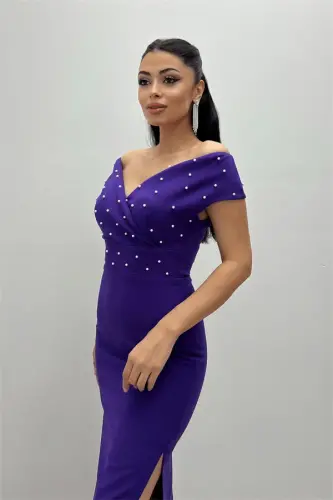 Babel Fabric Boat Neck Pearl Detailed Pencil Dress - EGGPLANT PURPLE - 4