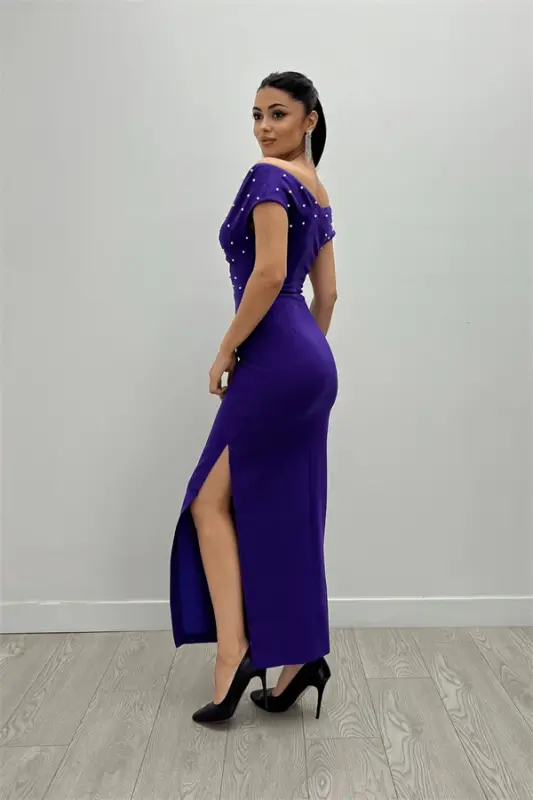 Babel Fabric Boat Neck Pearl Detailed Pencil Dress - EGGPLANT PURPLE - 6