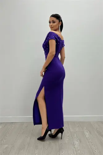 Babel Fabric Boat Neck Pearl Detailed Pencil Dress - EGGPLANT PURPLE - 5