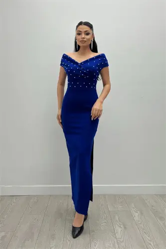 Babel Fabric Boat Neck Pearl Detailed Pencil Dress - SAXE BLUE - 1