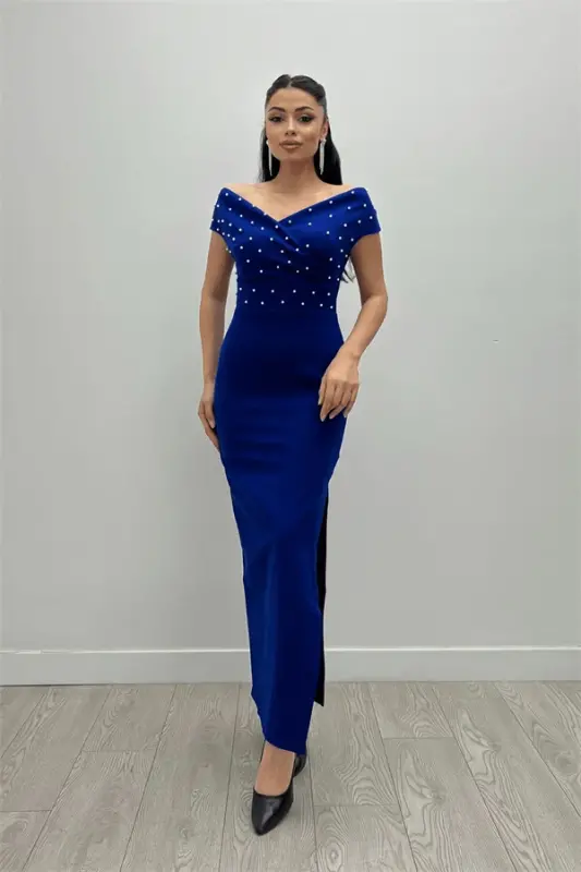 Babel Fabric Boat Neck Pearl Detailed Pencil Dress - SAXE BLUE - 1