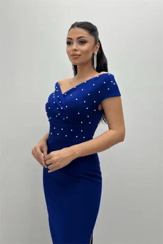 Babel Fabric Boat Neck Pearl Detailed Pencil Dress - SAXE BLUE - 8