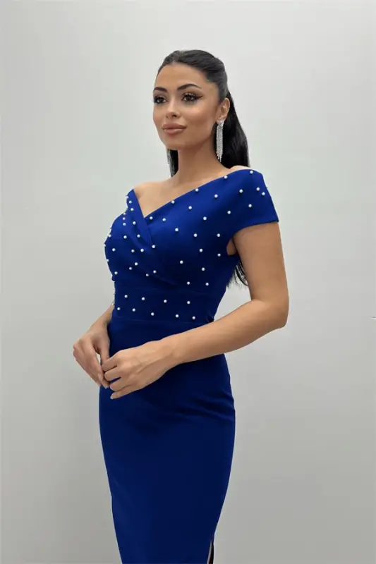 Babel Fabric Boat Neck Pearl Detailed Pencil Dress - SAXE BLUE - 8