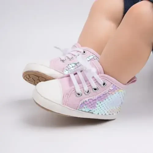 Babelvit Baby Boy Girl Soft Sole Canvas Sneakers Sparkle High Top Lace Up Infant Unisex Ankle Shoes Boots Toddler Newborn Prewalker First Baby Walking Crib Shoes - 2