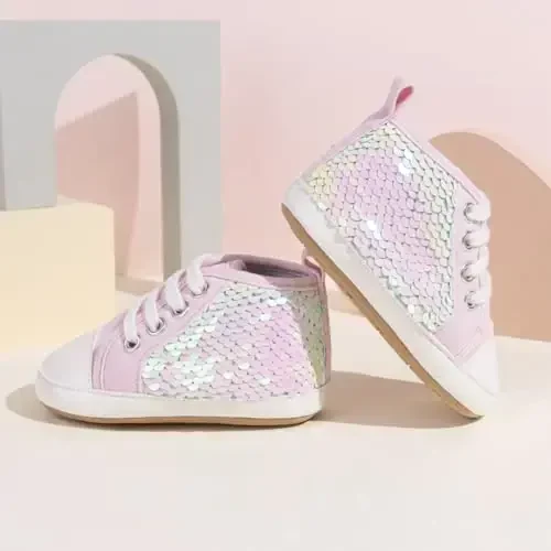 Babelvit Baby Boy Girl Soft Sole Canvas Sneakers Sparkle High Top Lace Up Infant Unisex Ankle Shoes Boots Toddler Newborn Prewalker First Baby Walking Crib Shoes - 4