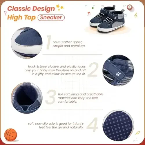 Babelvit Baby Boy Girl Soft Sole Canvas Sneakers Sparkle High Top Lace Up Infant Unisex Ankle Shoes Boots Toddler Newborn Prewalker First Baby Walking Crib Shoes - 5