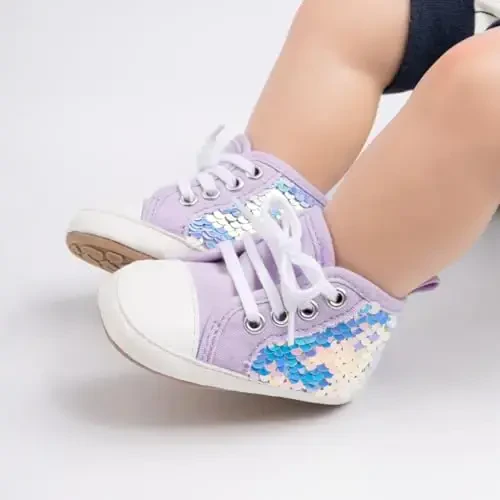 Babelvit Baby Boy Girl Soft Sole Canvas Sneakers Sparkle High Top Lace Up Infant Unisex Ankle Shoes Boots Toddler Newborn Prewalker First Baby Walking Crib Shoes - 2