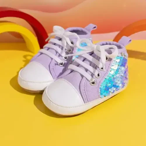 Babelvit Baby Boy Girl Soft Sole Canvas Sneakers Sparkle High Top Lace Up Infant Unisex Ankle Shoes Boots Toddler Newborn Prewalker First Baby Walking Crib Shoes - 3