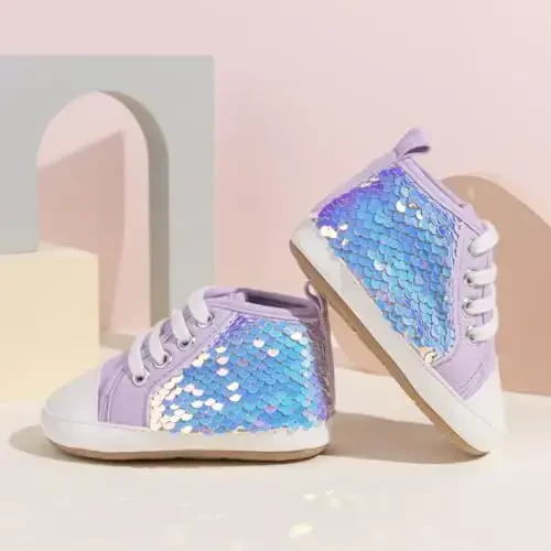Babelvit Baby Boy Girl Soft Sole Canvas Sneakers Sparkle High Top Lace Up Infant Unisex Ankle Shoes Boots Toddler Newborn Prewalker First Baby Walking Crib Shoes - 4
