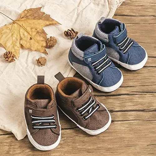 Babelvit Baby Boy Girl Soft Sole Canvas Sneakers Sparkle High Top Lace Up Infant Unisex Ankle Shoes Boots Toddler Newborn Prewalker First Baby Walking Crib Shoes - 2